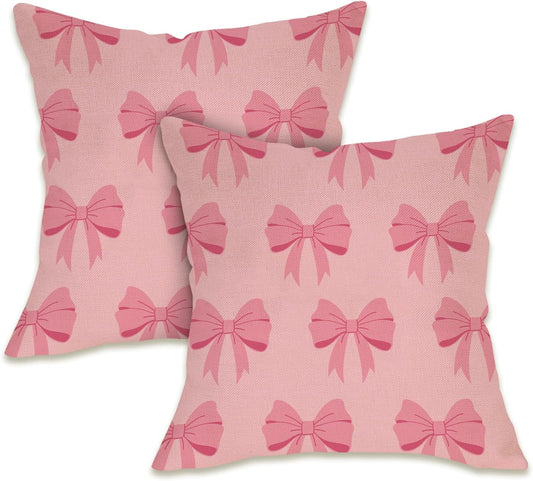 Fahrendom Pink Bow Decorative Throw Pillow Covers 18 x 18 Set of 2, Coquette Ribbon Preppy Porch Patio Outdoor Pillowcase, Aesthetic Girly Bedroom Sofa Couch Cushion Case Home Decor