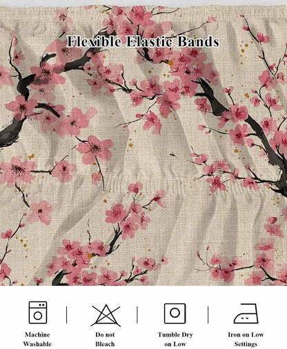 Spring Flowers Bed Skirt Queen Size 16 Inch Drop, Wrap Around Bed Skirts, Country Pink Peach Blossoms Botanical Floral Elastic Bedskirt Pleated Bed Frame Cover Luxurious Dust Ruffle for Queen Bed