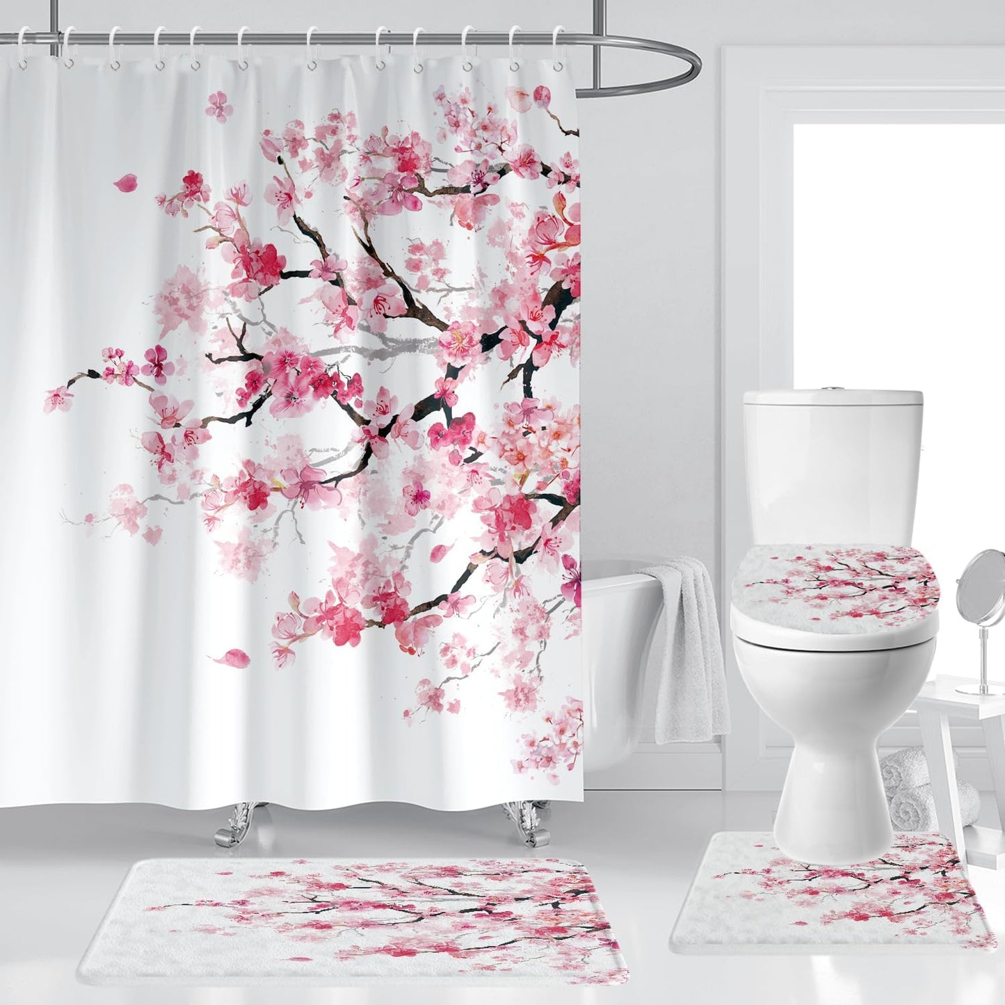 Pink Cherry Blossom Shower Curtain Set, 4 Pcs Japanese Sakura Floral Bathroom Decor with Non-Slip Rug, Toilet Lid Cover and U-Shaped Mat, 60" W x 72" L