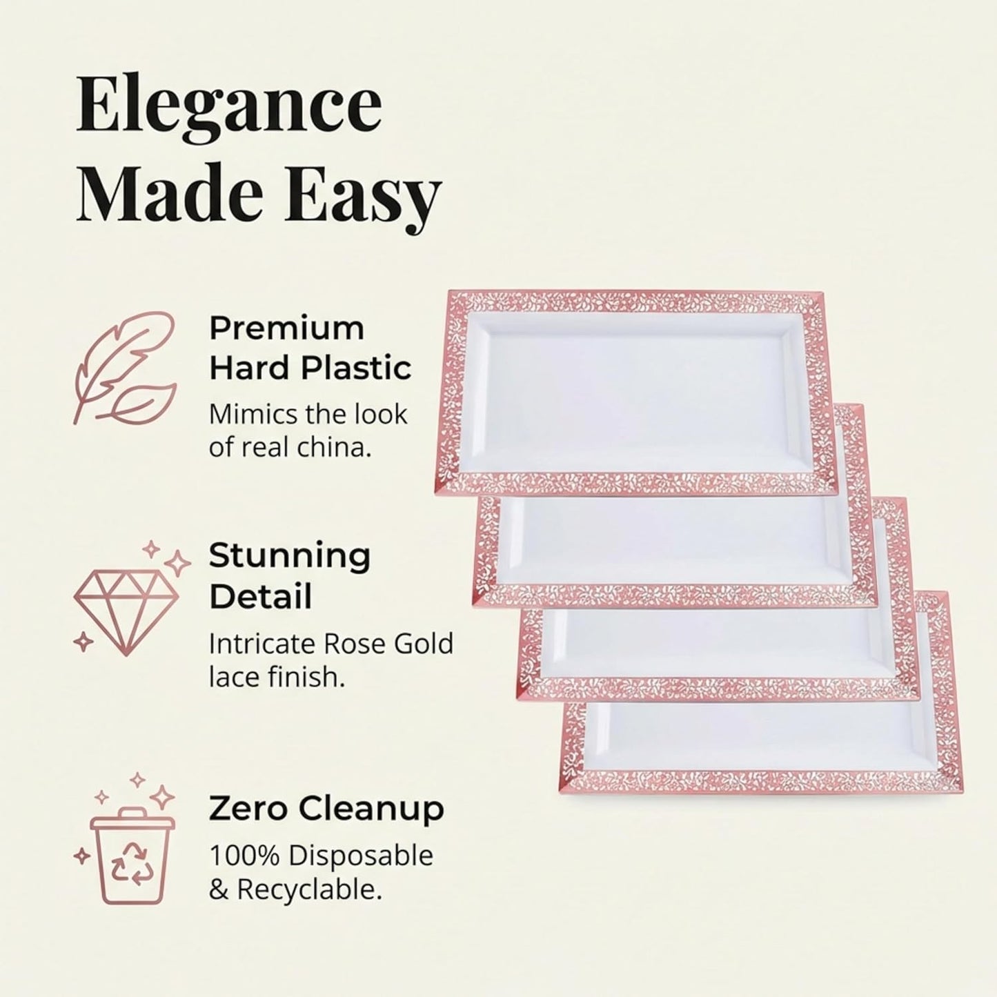 Yumchikel-Plastic Serving Tray & Platter Set (4pk) White & Rose Gold Lace Disposable Party Trays & Platters for Food - Weddings, Dessert Table, Cupcake Display -14"x7.5" inches