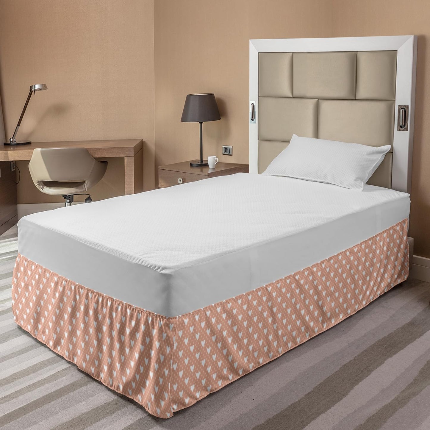 Lunarable Valentine Bed Skirt, Pattern with White Hearts and Pastel Polka Dots Romantic Retro, Elastic Bedskirt Dust Ruffle Wrap Around for Bedding Decor, Twin/Twin XL, Pale Pink White Peach