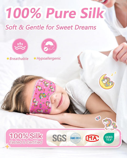 BeeVines Kids 100% Real Mulberry Silk Sleep Mask 2 Pack, Original Design Pure Silk Sleeping Eye Masks for Girls, Skin-friendly Blackout Eye Cover, Adjustable Strap, Reduce Puffy Eyes, for Travel Gifts