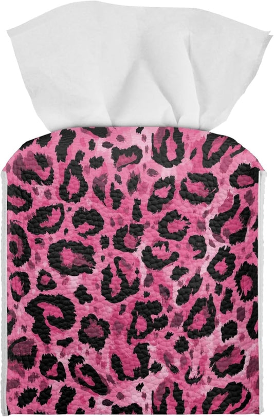 ZFRXIGN Leopard Print Tissue Box Covers Square Cube Tissue Box Covers Pink Tissue Box Cover for Bathroom Night Stand Office Vanity Countertop Leather Facial Paper Organizer Dispenser