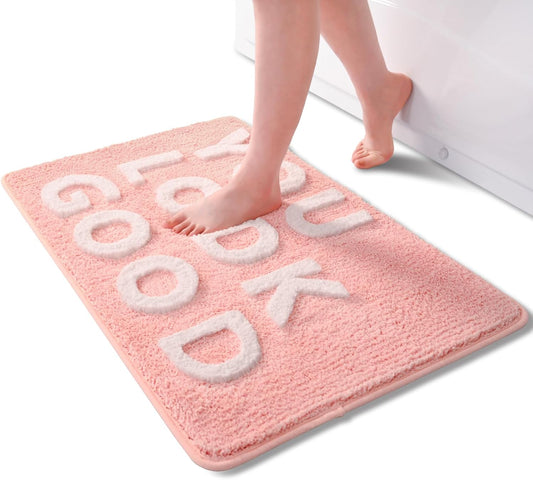 QJHOMO You Look Good Bath Mat Cute Pink Bathroom Rugs Funny Bath Rug, Non Slip Floor Mat Cool Home Decor, Soft Microfiber Bathmat Machine Washable Super Absorbent Carpet for Shower (16x24 inch)