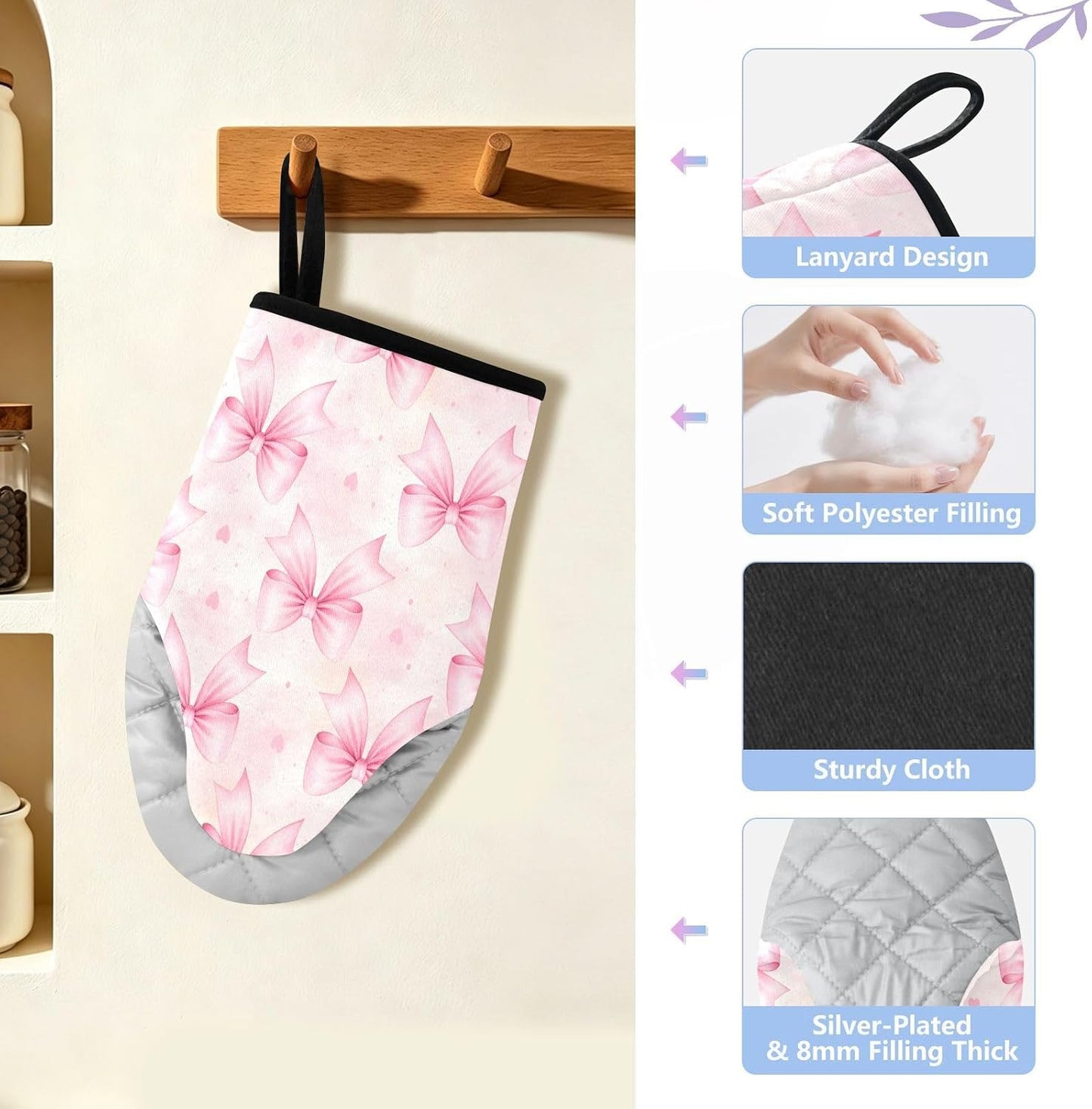 Bows Light Pink Non-Slip Oven Mitts Set Heat Resistant Kitchen Gloves with Quilted Liner Cotton Machine Washable with Hanging Loop for Baking Grilling BBQ