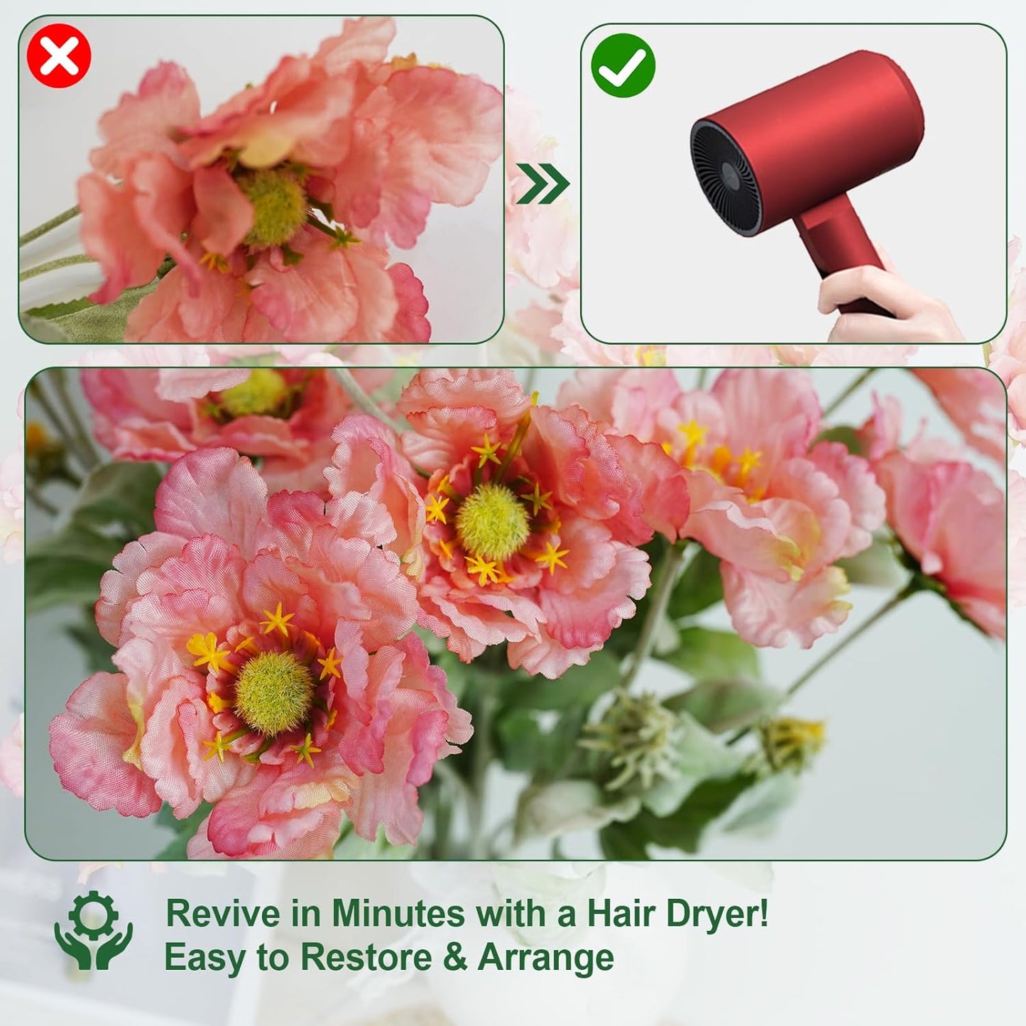 Artificial Poppies Flowers, Fake Flowers 5 Stems for Home Decor 19.7inches Silk Flowers Realistic Arrangement (Peach)