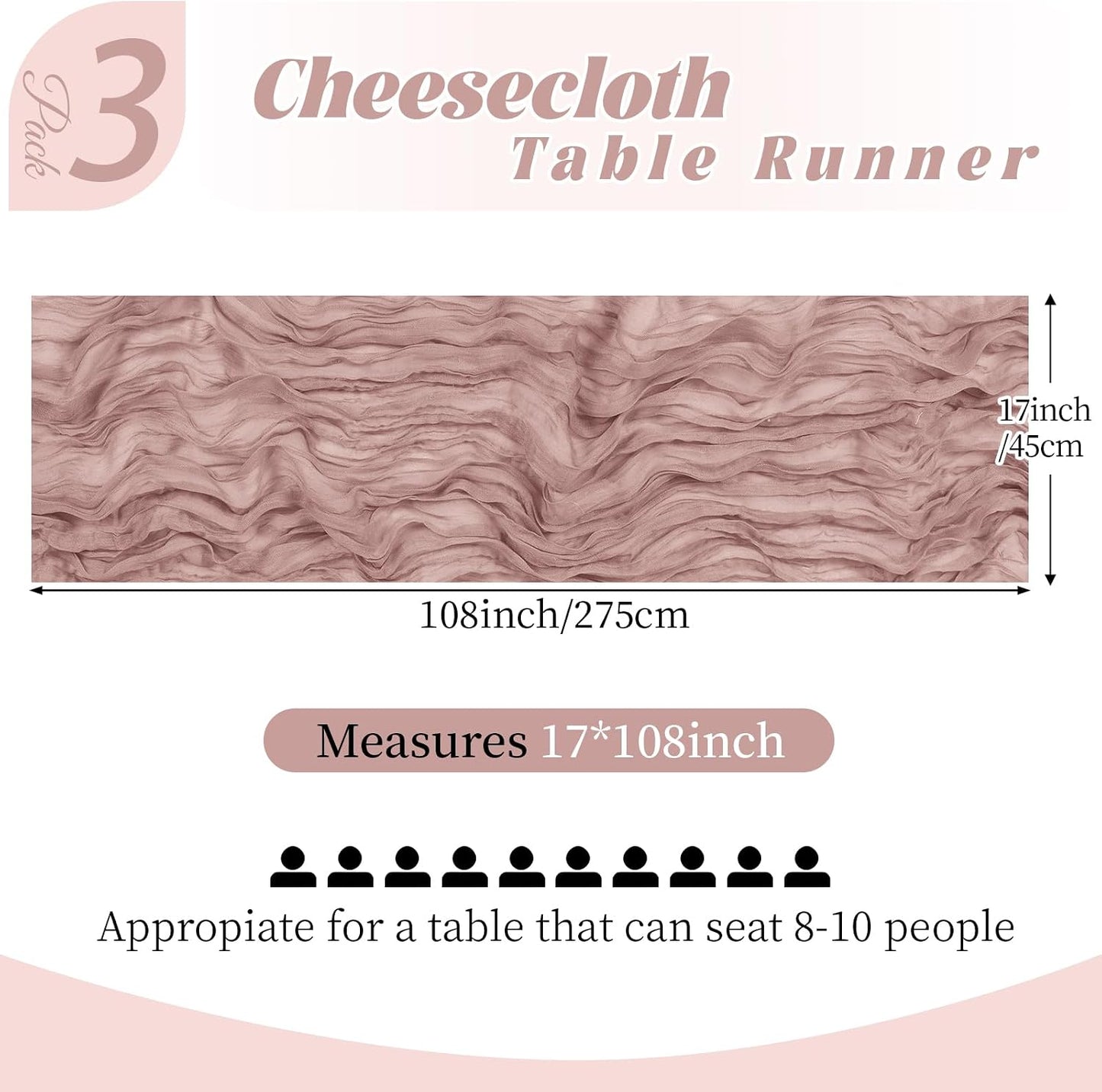 3 Pack Dusty Pink Cheesecloth Table Runner, 17 x 108 Inch, Gauze Cheese Cloth Table Runner Rustic Sheer Runner for Wedding Birthday Party Baby Shower Table Decor(Dusty Pink)