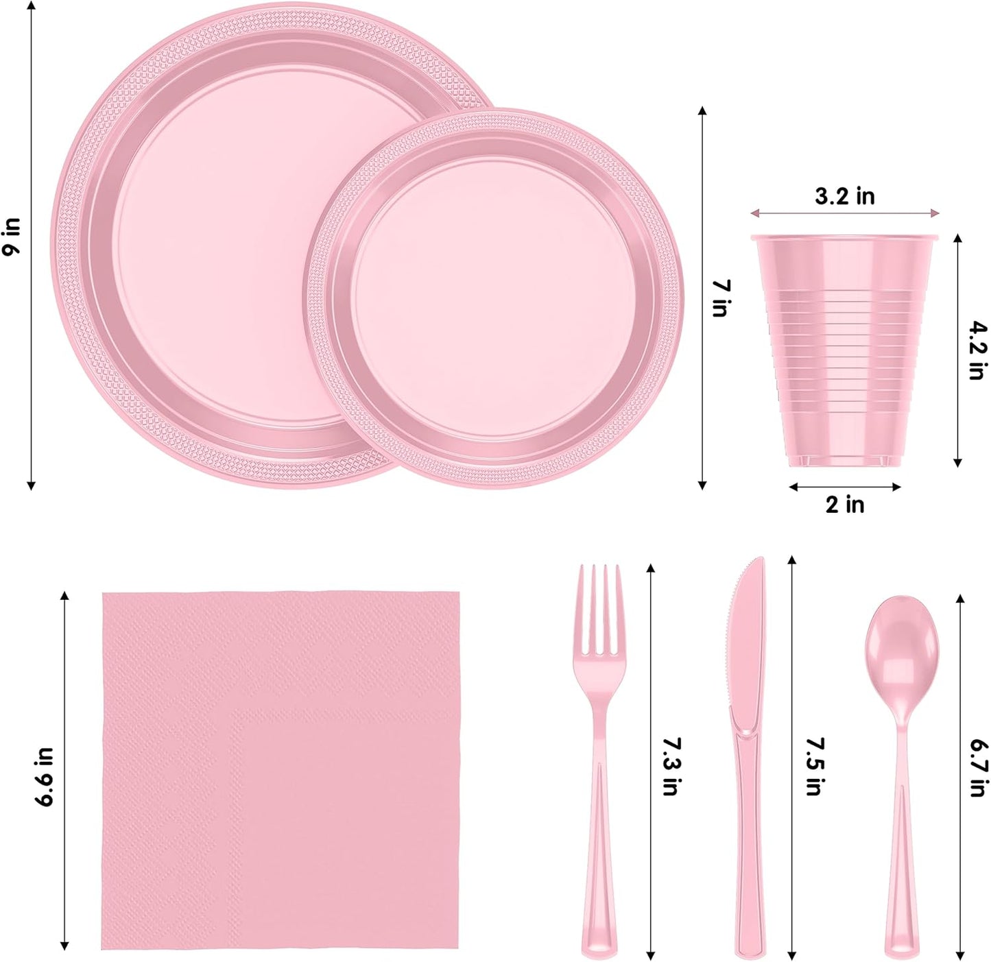 350 Pcs Pink Plastic Plates For Party, Pink Disposable Plates Set, 50 Of Each 9" Dinner Plate Set, 7" Dessert Plate, Cups, Napkins & Cutlery Plastic Dinnerware Set Exquisite