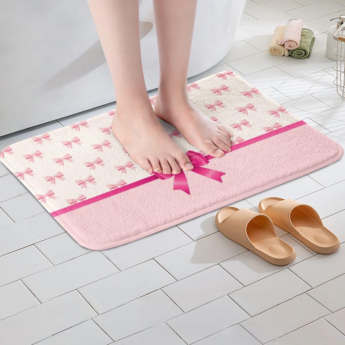 Feelyou Pink Bow Bathroom Rugs Girls Cute Bowknot Bath Mats Microfiber Dreamy Princess Bathroom Accessories Floor Doormats Non-Slip 16"x24" Soft
