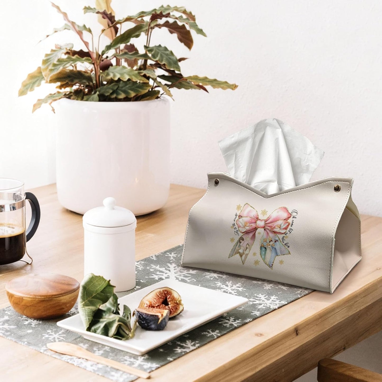 Pink Bows Tissue Box Cover Rectangle, Snowflake Winter Holiday Decor Tissue Box Holder Organizer, Bow Decor for Bathroom Kitchen Car, Farmhouse Christian Gifts for Women Girls 9.8x5.9x5.9