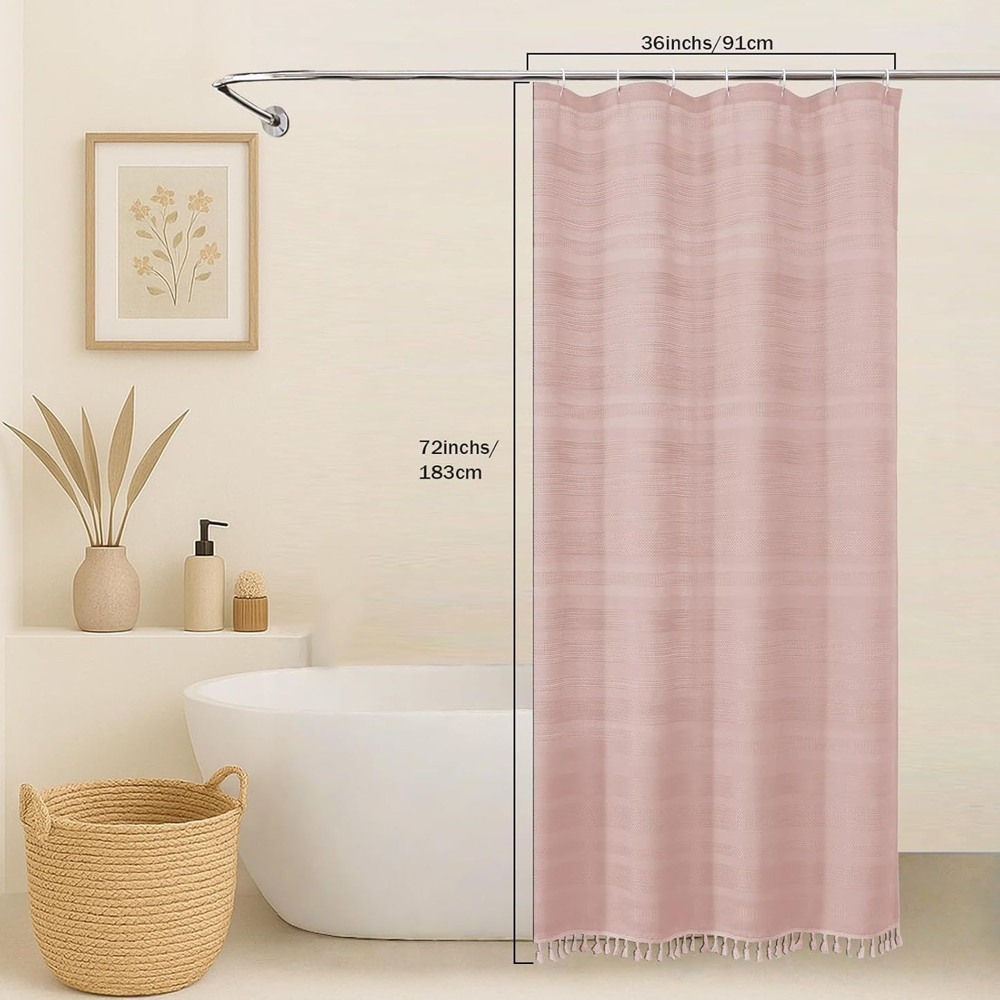 OVZME Small Stall Shower Curtain - Linen Textured Bathroom Curtain with Boho Tassel, Heavy Duty Farmhouse Bath Decor for RV Camper, Machine Washable, 36Wx72L Inches, Pink