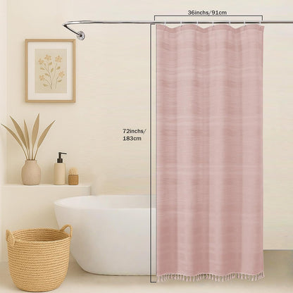 OVZME Small Stall Shower Curtain - Linen Textured Bathroom Curtain with Boho Tassel, Heavy Duty Farmhouse Bath Decor for RV Camper, Machine Washable, 36Wx72L Inches, Pink