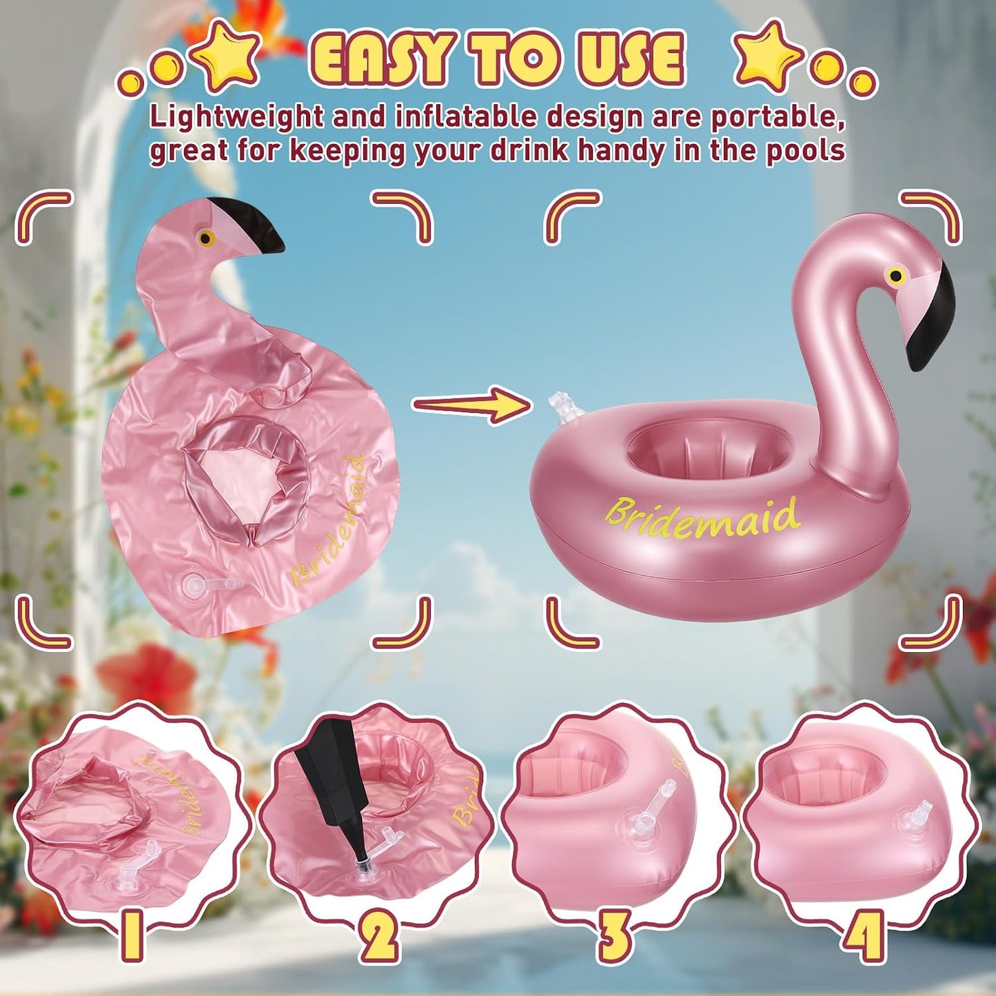 12 Pack Flamingo Inflatable Drink Holder Drink Pool Float Reusable Float Cup Coasters for Wedding Bachelorette Bridal Shower Party, White and Rose Gold