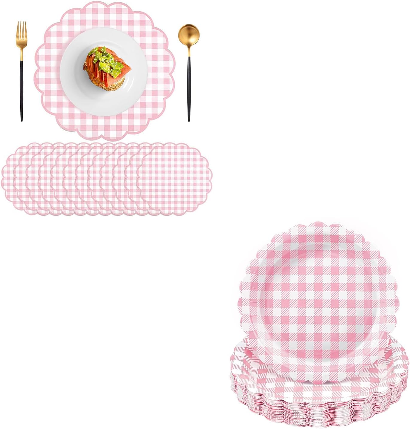 NatNarr 60Pcs Pink Gingham Placemats and 30Pcs Pink Gingham Plates