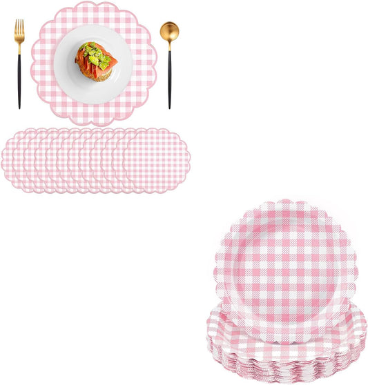 NatNarr 60Pcs Pink Gingham Placemats and 30Pcs Pink Gingham Plates