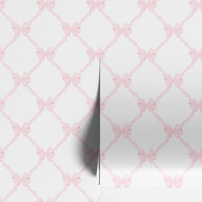 Pink Bow-Flower Pattern Peel and Stick Wallpaper, Removable Self-Adhesive Wall Covering for Nursery, Girls Room, Princess Theme Decor
