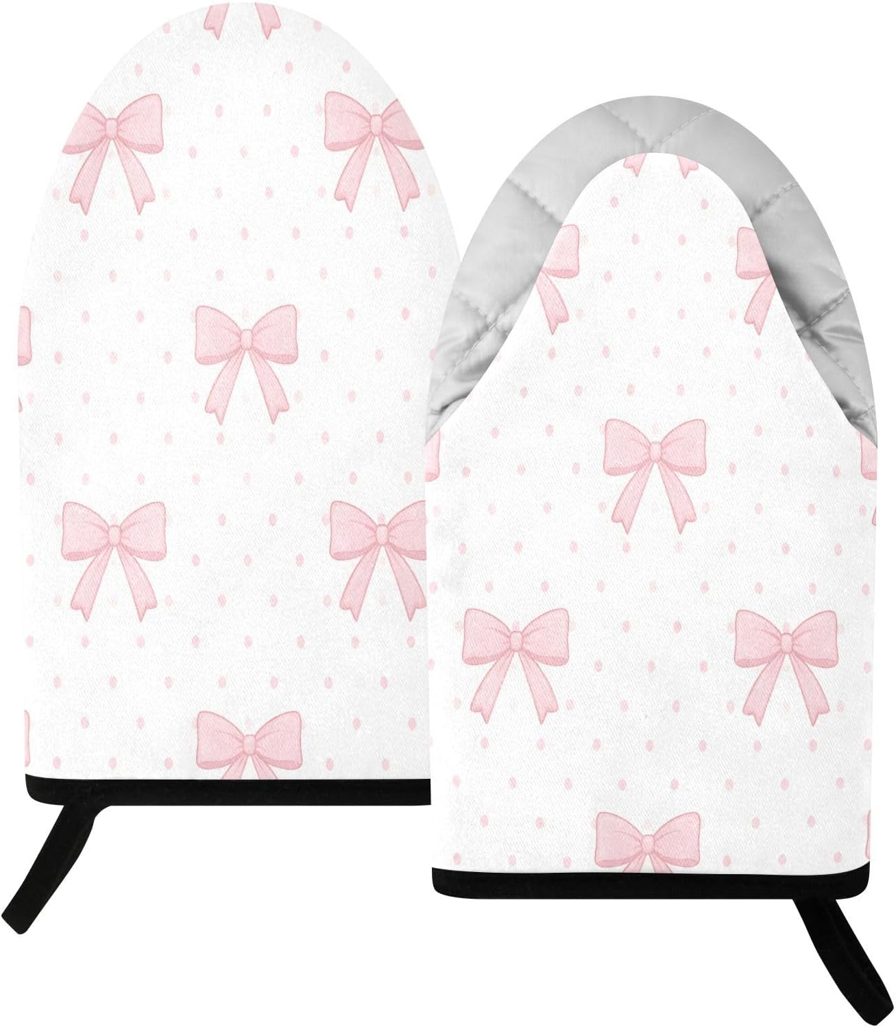 Pink Bows Polka Dots Non-Slip Oven Mitts Set Heat Resistant Kitchen Gloves with Quilted Liner Cotton Machine Washable with Hanging Loop for Baking Grilling BBQ
