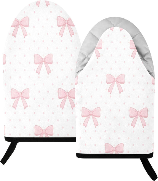 Pink Bows Polka Dots Non-Slip Oven Mitts Set Heat Resistant Kitchen Gloves with Quilted Liner Cotton Machine Washable with Hanging Loop for Baking Grilling BBQ