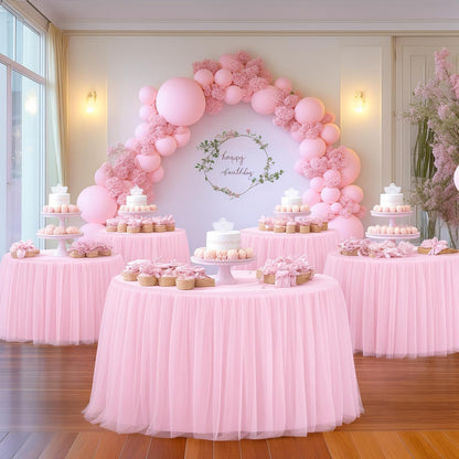 HB HBB MAGIC Light Pink Round Tablecloth 48 inch Stretchy Elastic Fitted Round Table Cloth Cover, Pink Table Cloths for Parties Tulle Table Cloth with Skirt Wedding Bridal Shower Tables Decoration