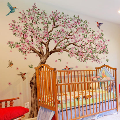 Runtoo Large Tree Wall Decals Pink Cherry Blossom Floral Wall Stickers for Nursery Living Room Bedroom Decor