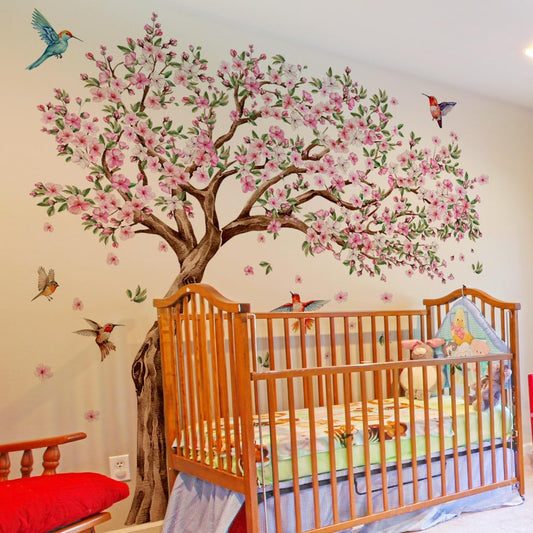 Runtoo Large Tree Wall Decals Pink Cherry Blossom Floral Wall Stickers for Nursery Living Room Bedroom Decor