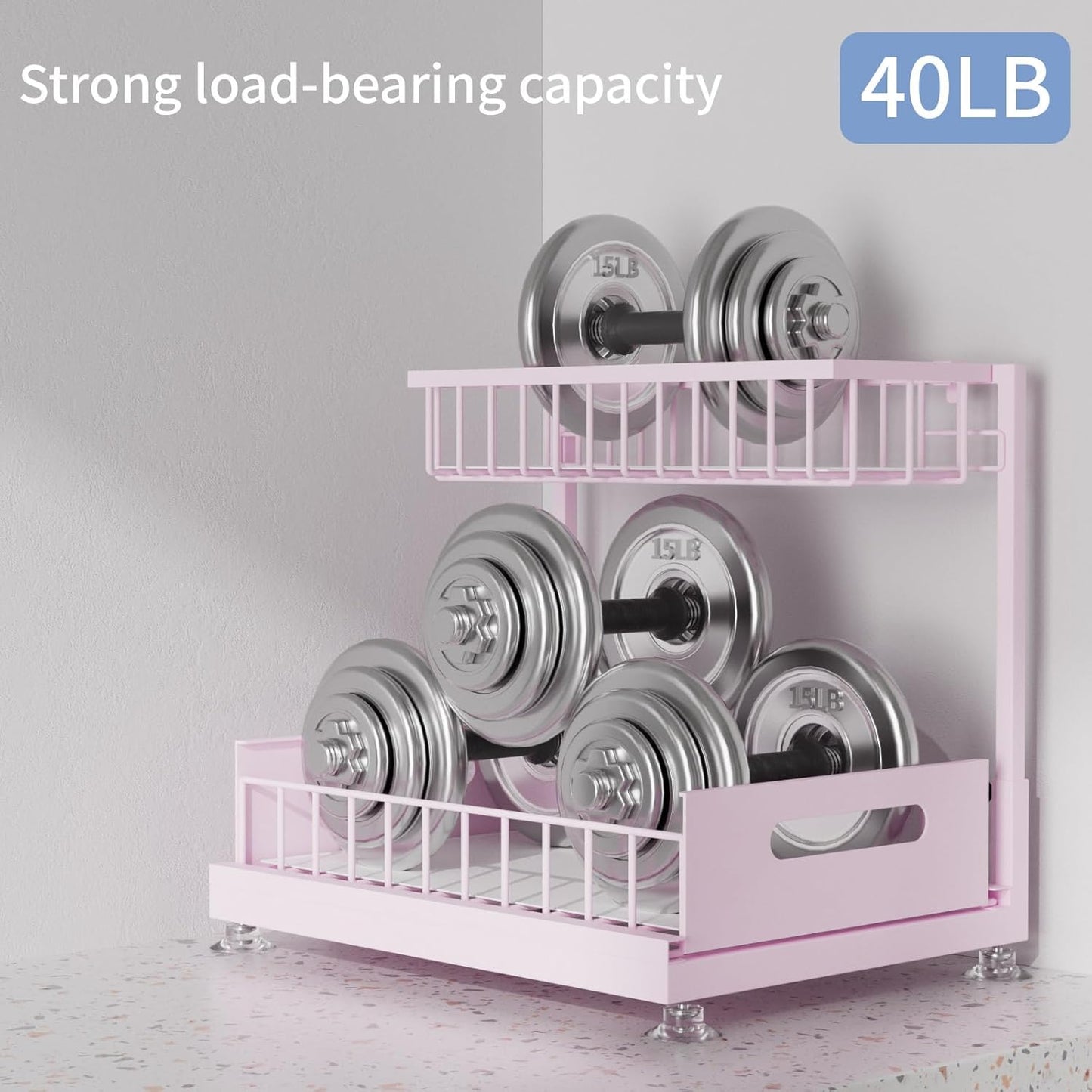 Saydear Under Sink Organizer Storage 2-Tier Premium Metal Pull-Out Kitchen Cabinet Organizer with Sliding Drawer, Height Adjustable, Heavy Duty for Kitchen & Bathroom Organizers 1 Pack Pink