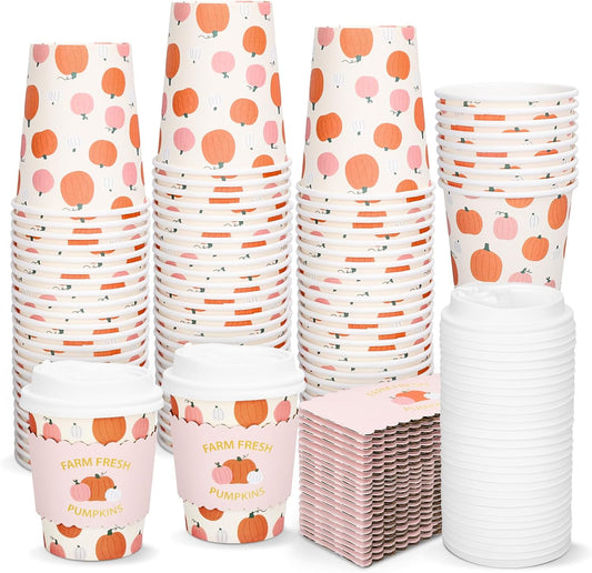 FYSUIMU 50 Pcs 8 Oz Fall Thanksgiving Disposable Coffee Cups with Lids and Sleeves Cute Pink Orange Pumpkin Paper Drinking Cups for Autumn Home Picnic Travel Office Business
