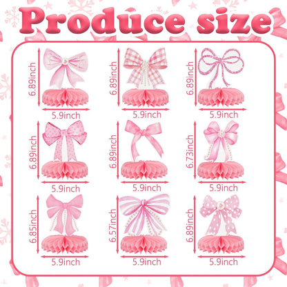 9Pcs Pink Bow Party Honeycomb Centerpieces Decorations, 3D Coquette Birthday Decorations, Pink Bow Table Decor for Birthday Bachelorette Bridal Party