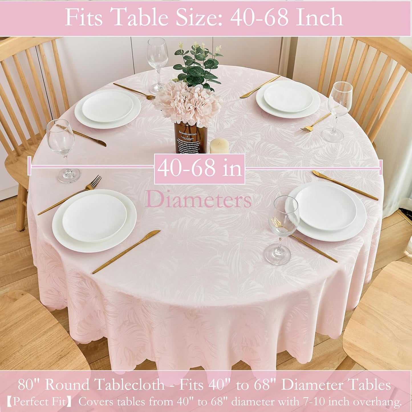 Round Tablecloth 80 Inch Fabric Table Cloth Leaves Pattern Scalloped Edge Silky Soft Tablecloth Waterproof Washable Table Cover Dinning Party Banquet Decoration (Pink)