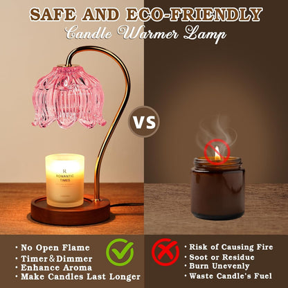 Funistree Flower Candle Warmer Lamp with Timer, Dimmable Candle Lamp Warmer, Christmas Birthday Gifts for Women Mom Her, House Warming for Home Decor, Lotus Wax Warmer for Yankee Candles-Pink Lily