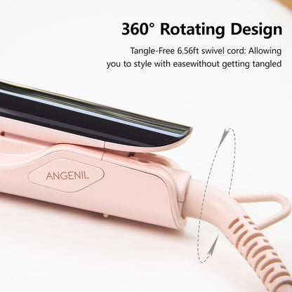 ANGENIL Pro Titanium Flat Iron Hair Straightener and Curler 2 in 1 with Heat Resistant Silicone Mat, Round Pink Dual Voltage Hair Straightener Irons, Smoothness, Large LCD Display, 20s Fast Heating