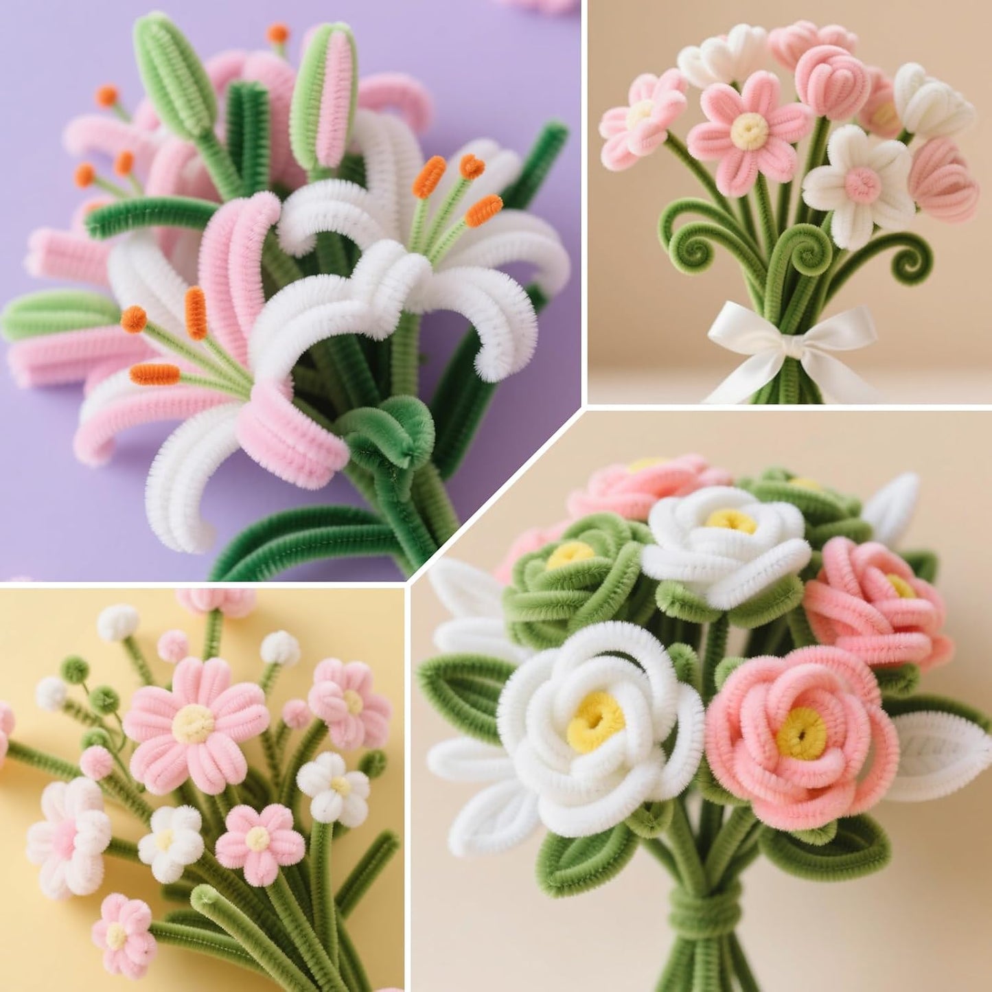 ASTARON 521 Pcs Pipe Cleaners Craft Set, 5 Colors Pipe Cleaners Bulk Pastel Chenille Stems for Craft Pipe Cleaner Flowers Making Kit with Floral Wires, Gardening Tape (Pink Series)
