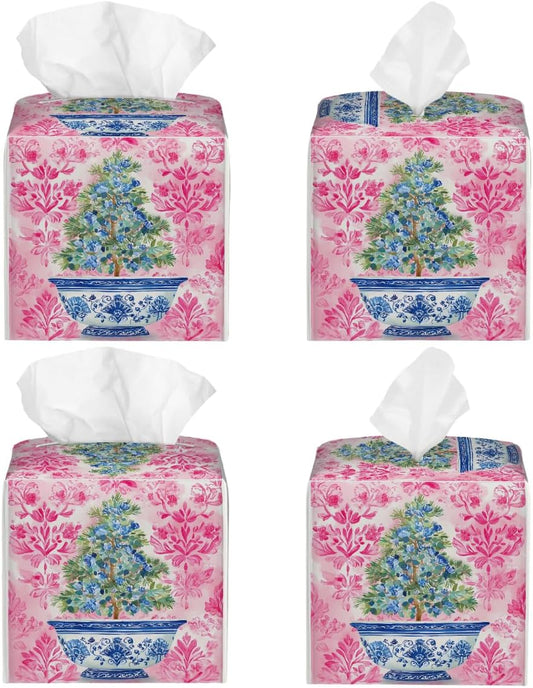 Chinoiserie Pink Flower Blue Topiary Pot Tissue Box Cover Leather Tissue Box Case Holder Decorative Facial Paper Organizer for Car Bathroom Tabletop