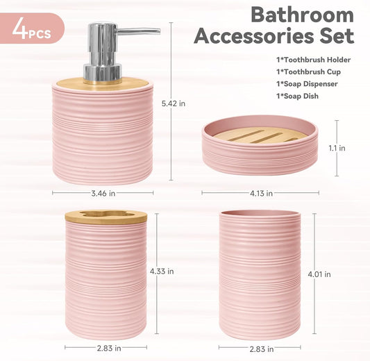 Bathroom Accessories Set 4 PCS, Bamboo Bathroom Accessory Set Includes Soap Dish, Soap Dispenser, Toothbrush Holder, Toothbrush Cup, Bathroom Sets Accessories, Boho Bathroom Decor(Light Pink)