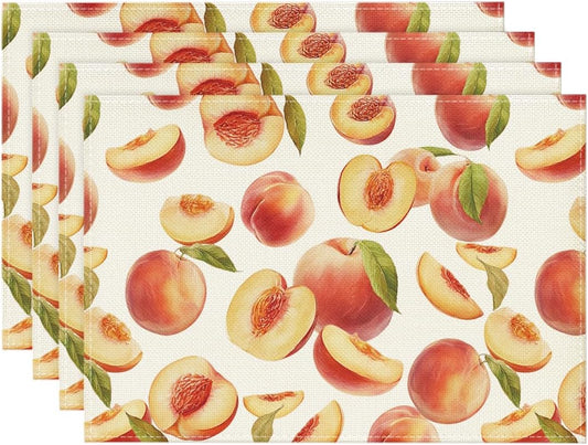 Artoid Mode Peach Fruit Summer Placemats Set of 4, 12x18 Inch Seasonal Spring Holiday Table Mats for Party Kitchen Dining Decoration