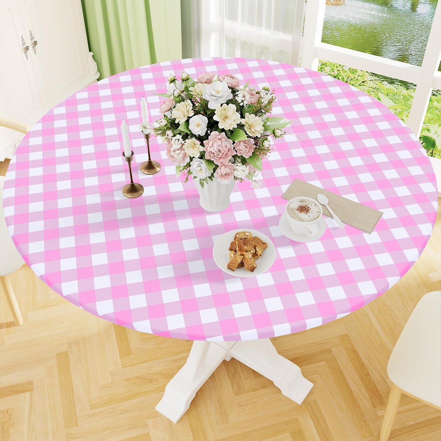 Smiry Round Picnic Tablecloth, Elastic Waterproof Fitted Vinyl Tablecloths for 36"-44" Tables, Flannel Backed Buffalo Plaid Table Cover for Dining, Camping, Outdoor, White and Pink