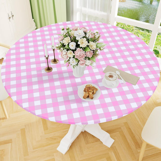 Smiry Round Picnic Tablecloth, Elastic Waterproof Fitted Vinyl Tablecloths for 36"-44" Tables, Flannel Backed Buffalo Plaid Table Cover for Dining, Camping, Outdoor, White and Pink
