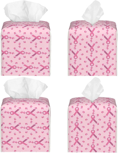 Breast Cancer Awareness Month Pink Ribbon Leather Tissue Box Cover Square Tissue Holder Decorative Paper Case for Home Office Bathroom Vanity Countertop Car