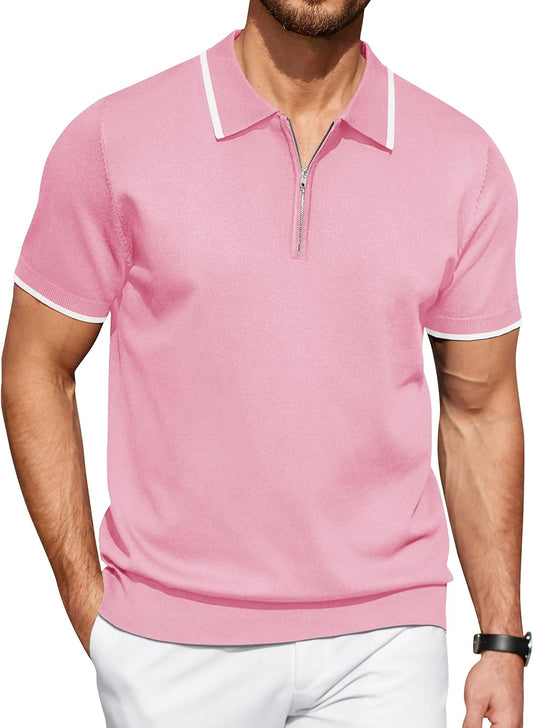 COOFANDY Men's Zipper Polo Shirt Casual Knit Short Sleeve Polo T Shirt Classic Fit Shirts