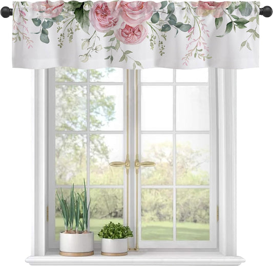 Curtain Valances, Watercolor Pink Flowers and Eucalyptus Semi Sheer Curtain Valances, Rod Pocket Short Window Treatment Light Filtering Decor Valances for Kitchen Living Room Bedroom Windows - 42"x12"