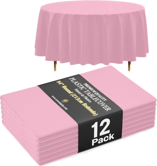Exquisite 66% Thicker Premium Pink Round Tablecloth 0.5 Mil 12 Pack Plastic Table Cloth Disposable 84 Inch Round Plastic Tablecloth Won't Tear Easily Like Cheap Thin Brands