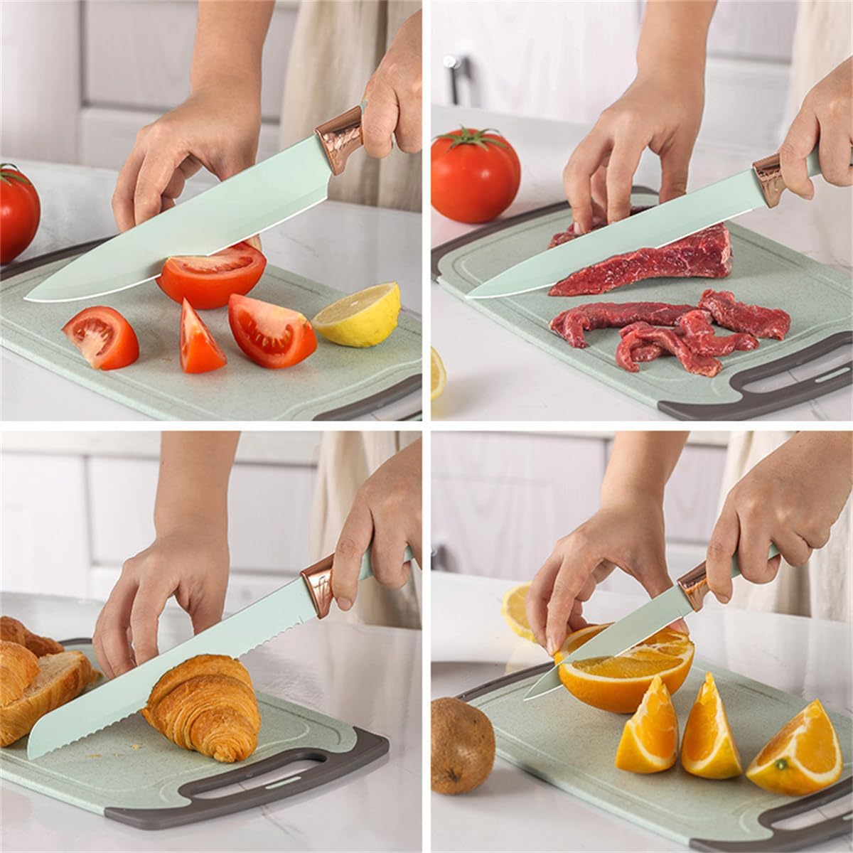 19 Pieces Kitchen Cooking Utensils and Knife Set with Holder Block, Include 11 Pcs Silicone Cooking Utensils 5 Pcs Sharp Stainless Steel Knives Scissors Whisk Tongs and Cutting Board (PINK)