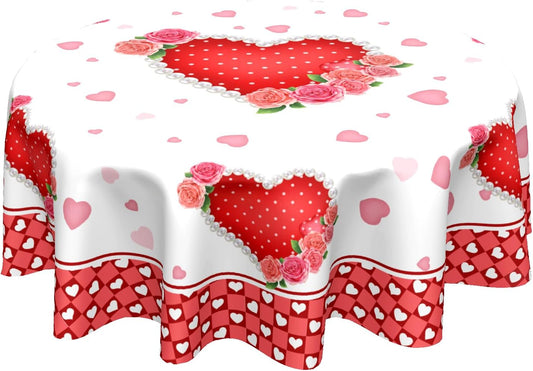 Sweetshow Valentines Day Table Cloth Round Red Hearts Pink Rose Flower Tablecloth 60 Inch with Check Plaid Decor Washable Stain and Wrinkle Love Romantic Round Table Cover for Dining Picnic