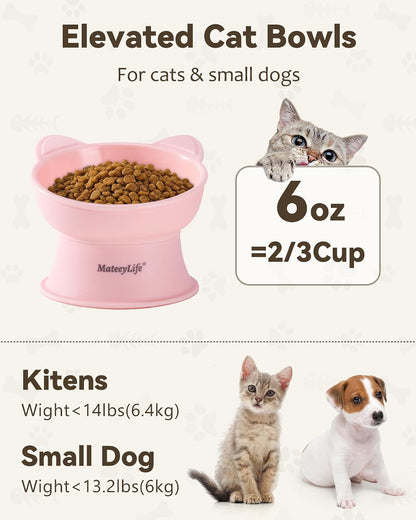 MateeyLife Raised Cat Bowls, Cat Food Bowl Elevated for Kittens & Small Dogs, 15°Tilted Protect Pets' Neck and Anti Vomiting, Whisker Friendly Food & Water Feeding Bowl, 6 oz Each - Pink