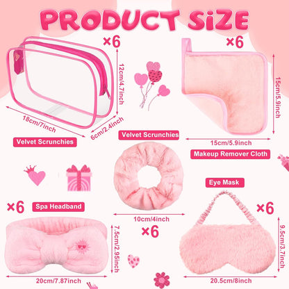 30 Pcs Spa Sleepover Party Supplies 6 Bow Makeup Headband 6 Pink Plush Sleep Eye Mask 6 Velvet Scrunchies 6 Makeup Remover Cloth 6 Clear Cosmetic Bags for Women Slumber Party Favors