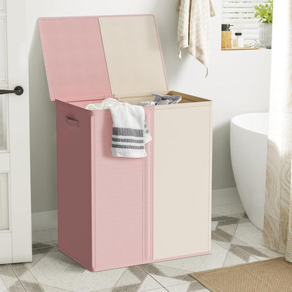 WOWLIVE Double Laundry Baseket with Lid and Removable Laundry Bags,154L Large Laundry Hamper 2 Section Collapsible Dirty Clothes Hamper for Laundry Room,College Dorm,Bathroom,Pink and Beige