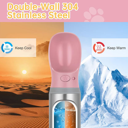 Portable Dog Water Bottle, 14 OZ, Stainless Steel Leak Proof Puppy Water Dispenser with Drinking Feeder for Pets Travel, Walking, Hiking and Outdoor Activities