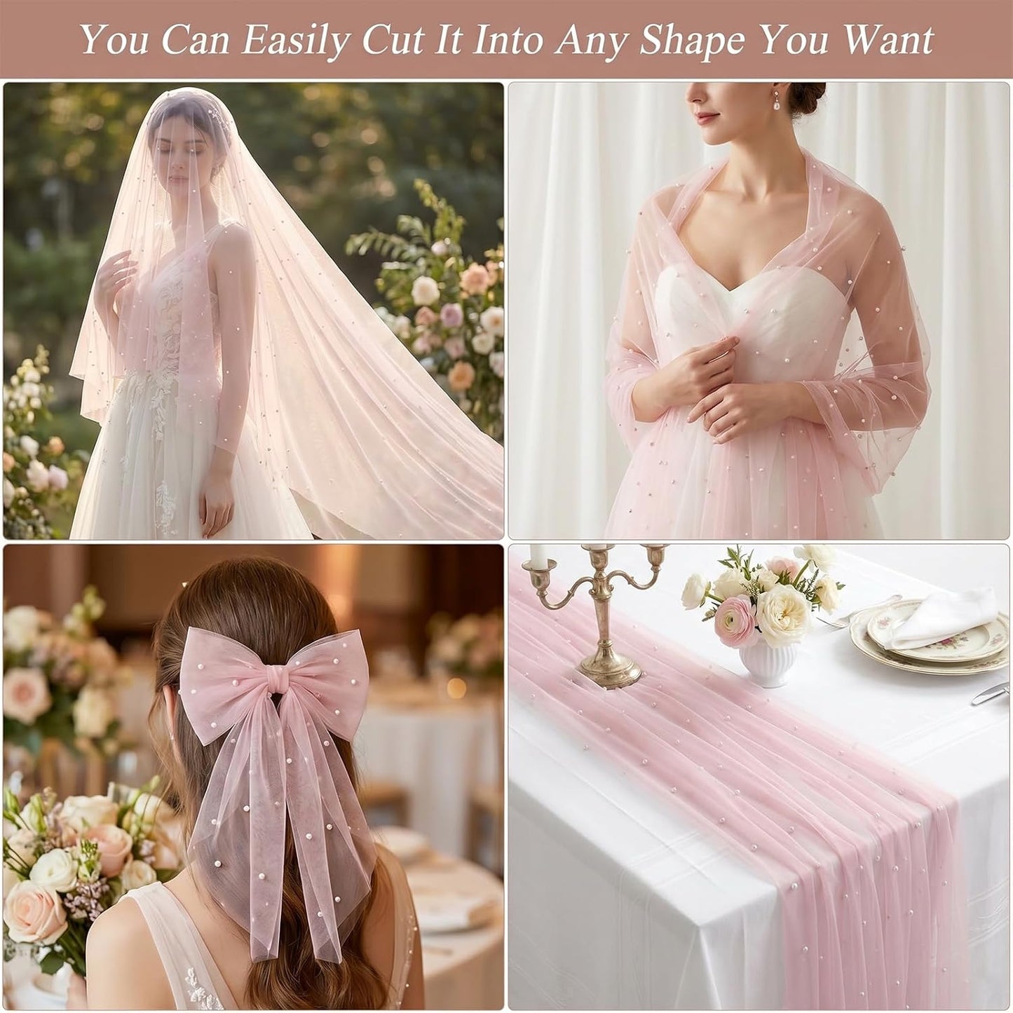 Pink Pearl Table Runner, 30x120 Inch Tulle Fabric Lace Table Runner, Boho Romantic Table-Runners with Pearls, Gauze Table-Runners for Bridal Shower, Birthday Party, Wedding, Dining and Baby Shower