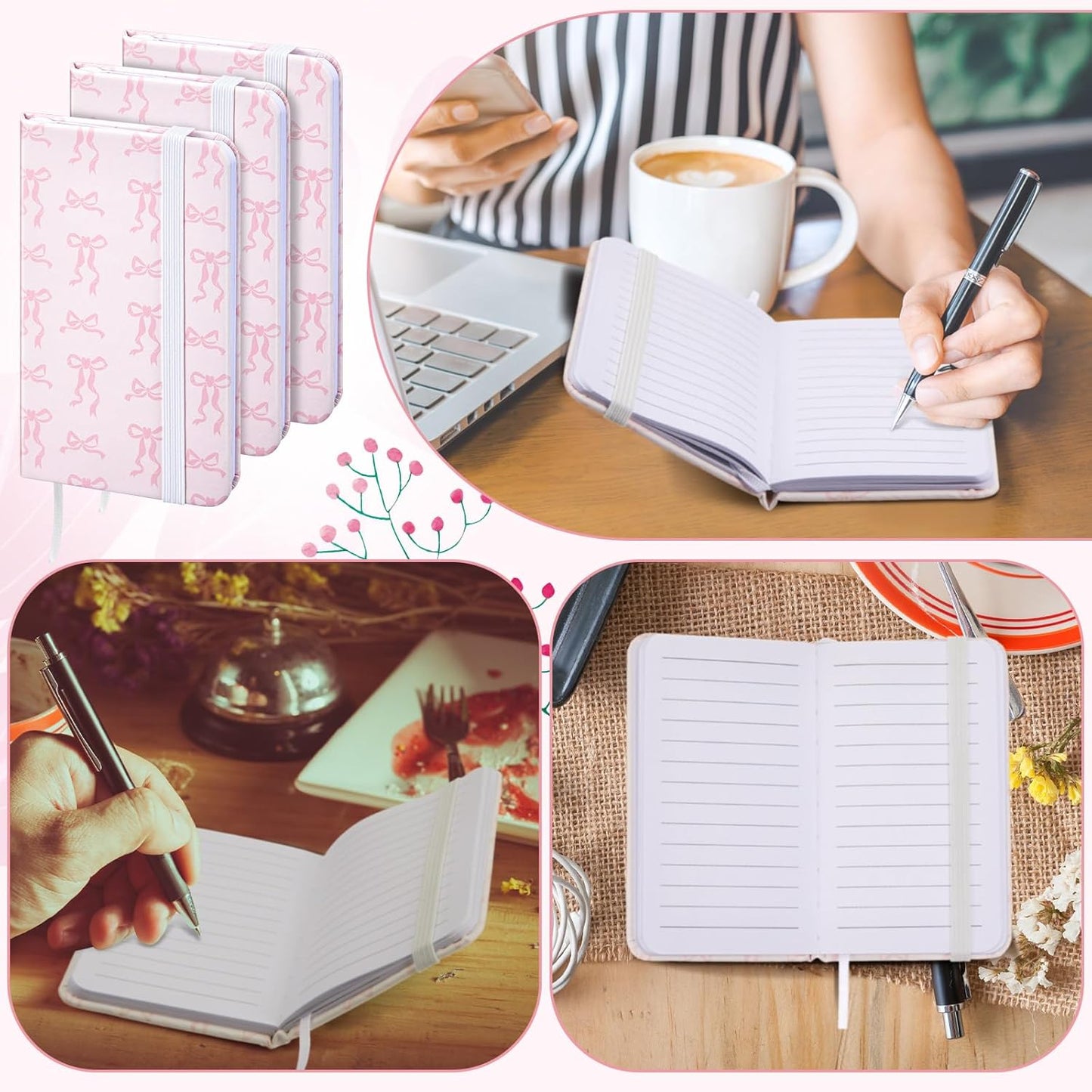 Qeeenar 4 Pcs Mini Leather Pocket Notebook 4 x 2.5 Inch Small Hardcover Notebook 50 Sheets Hardcover Mini Notepad Tiny Lined Journal for Office Home School Writing Supply(Pink,Bow)