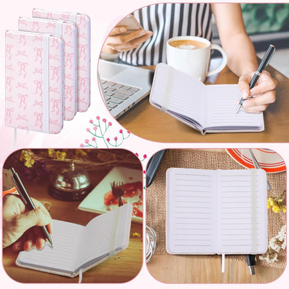 Qeeenar 4 Pcs Mini Leather Pocket Notebook 4 x 2.5 Inch Small Hardcover Notebook 50 Sheets Hardcover Mini Notepad Tiny Lined Journal for Office Home School Writing Supply(Pink,Bow)